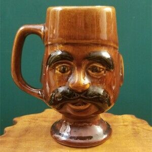 Vintage Mustache Man w/ Fez Brown Footed Mug 4.5" 6oz